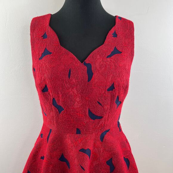ALBERTO MAKALI Jacquard Fit & Flare Dress Red Blue Sleeveless Lace Trim Size 8 - Picture 3 of 12